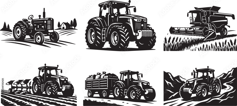 Obraz premium Tractor, farming tractor, agricultural tractor, vector tractors, 6 black and white tractors