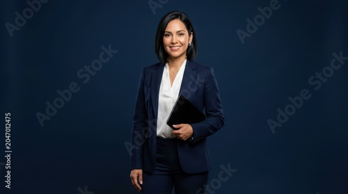 Professional Hispanic Businesswoman in Navy Suit Holding Tablet