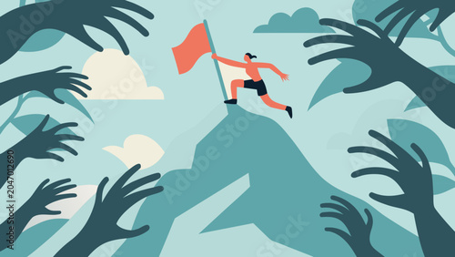 Tableau sur toile A runner with a red flag ascends a rocky peak surrounded by outstretched hands v