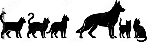 Tableau sur toile Domestic Cat and German Shepherd Dog Silhouette Collection Illustrating Pet Comp
