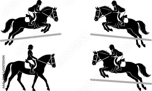 Bild auf Leinwand Horse and rider silhouettes illustration showing equestrian jumping stages symbo
