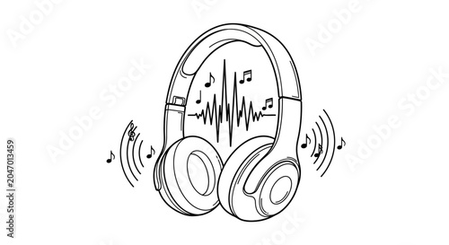 Canvas Print Line art headphones with music notes and sound waves