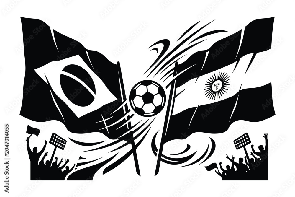 Obraz premium Brazil, Argentina soccer flags, black and white vector illustration, football match, sports emblems