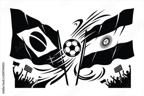 Brazil, Argentina soccer flags, black and white vector illustration, football match, sports emblems