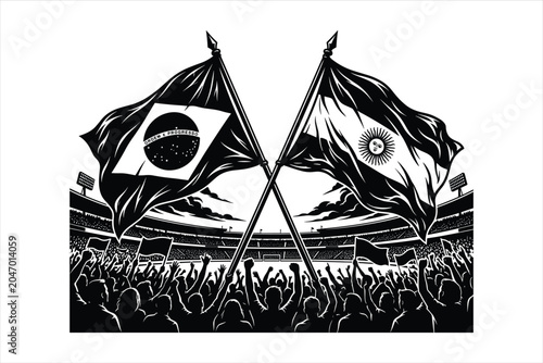 Black and white vector illustration, protest flags, crowd, stadium, demonstration banners