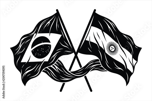 Black and white flags, crossed banners, vector graphics, monochrome design, symbol icons