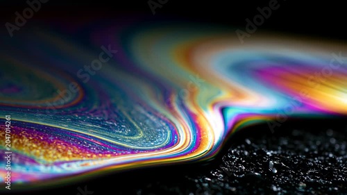 Iridescent oil film flowing with shifting rainbow colors on a dark surface, abstract seamless loop
