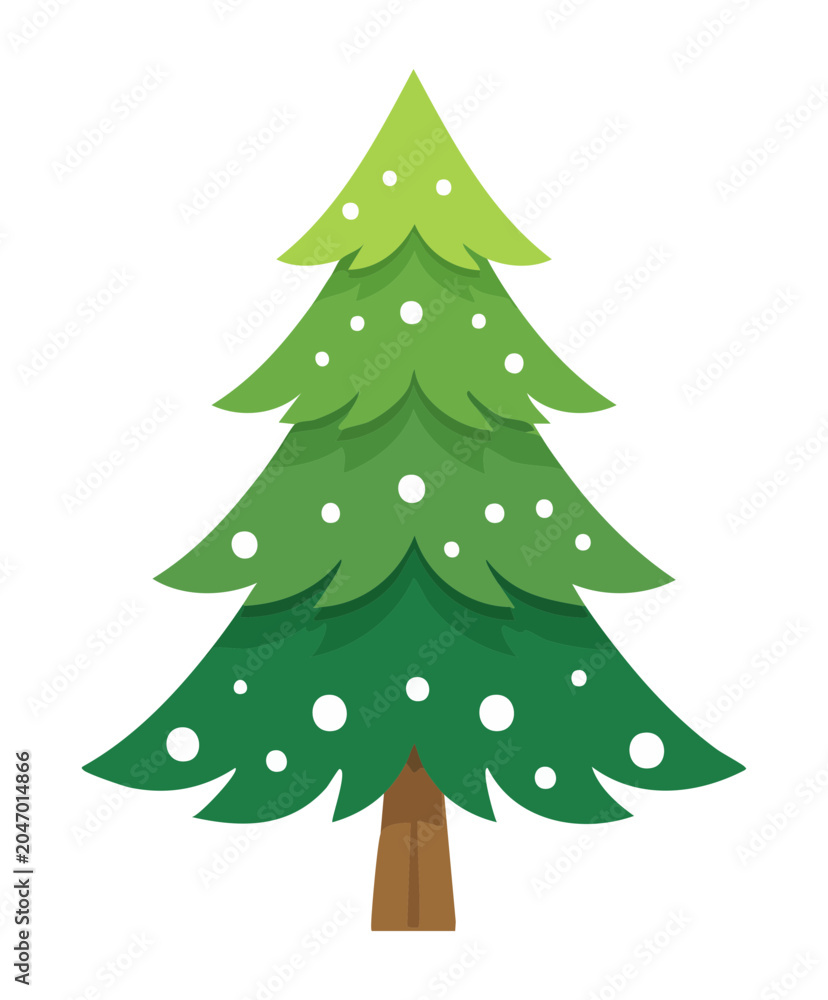 Fototapeta premium Green spruce tree with white snow patches vector illustration for cold winter climate landscape decoration and holiday season game asset