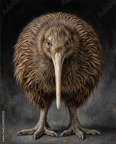 Kiwi bird displaying unique nocturnal features in painting