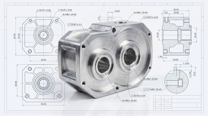 Detailed mechanical engineering component with technical drawings