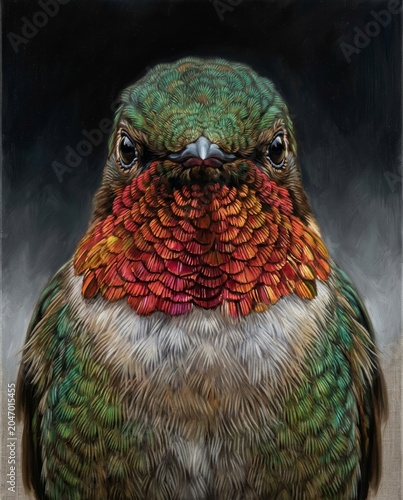 Hummingbird portrait featuring iridescent feathers oil painting