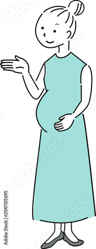 説明する妊婦の全身シンプルイラスト（マタニティ・妊娠・女性・人物素材） / Simple Full-Body Illustration of a Pregnant Woman Gesturing and Introducing Information (Maternity Concept)