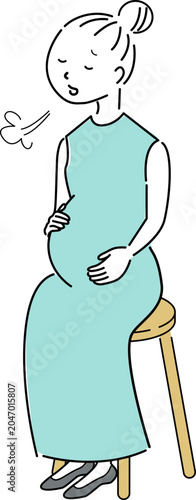 椅子に座って一息つく妊婦の全身シンプルイラスト（マタニティ・妊娠・女性・人物素材）/ Simple Full-Body Illustration of a Pregnant Woman Sitting on a Chair and Taking a Break (Maternity, Pregnancy, Female Character)