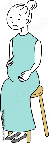 椅子に座って体調不良を感じる妊婦の全身シンプルイラスト（マタニティ・妊娠・女性・人物素材） / Simple Full Body Illustration of a Pregnant Woman Sitting on a Chair Feeling Unwell (Maternity, Pregnancy, Female Character)