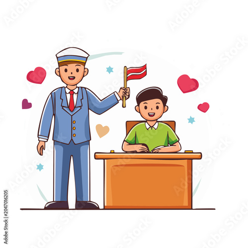 Teacher showing flag to student with hearts