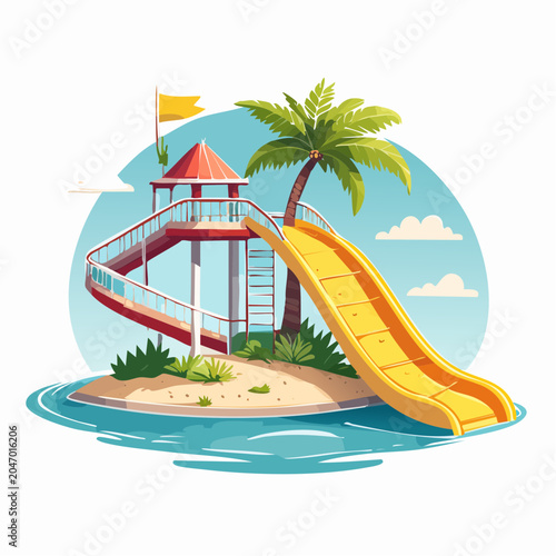 Tropical water slide on a small island with palm tree
