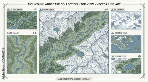 Photography Top View Mountain Landscape Collection - Vector Line Art Style