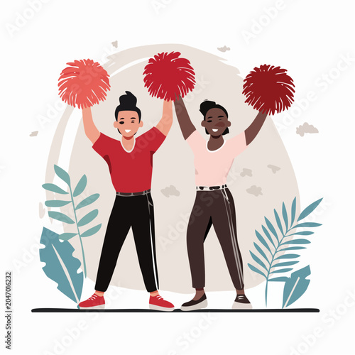 Two diverse cheerleaders holding red pom-poms