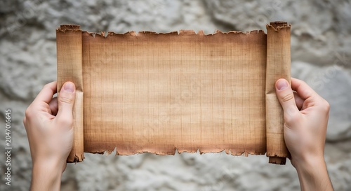 Hands holding a blank antique papyrus scroll for text copy space