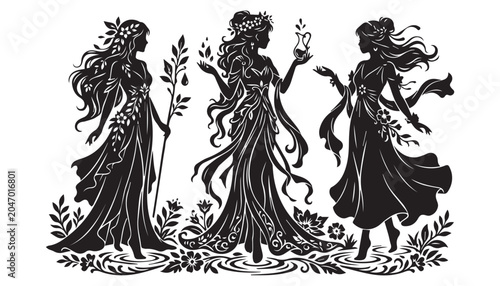 Foto black and white silhouette set of mythical beauty xana very high quality vector illustration