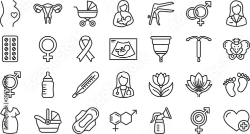 Bild auf Leinwand Pregnancy And Healthcare Line Icons On White Background