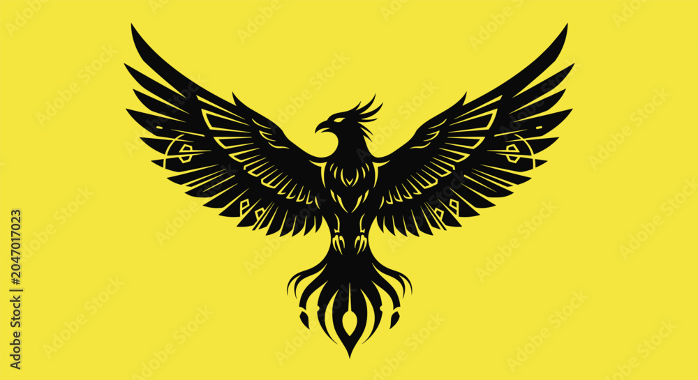 Fototapeta premium Heraldic black eagle symbol with spread wings and ornate patterns on a vibrant yellow background representing power strength and nobility.