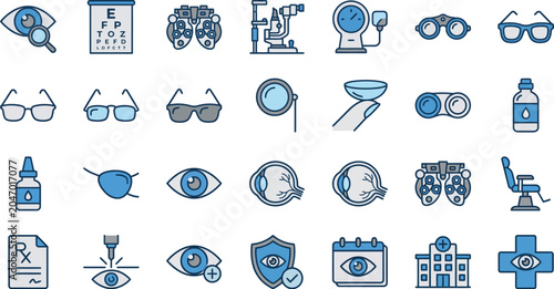 Tableau sur toile Optometry Icons Collection Blue Line Style On White Background