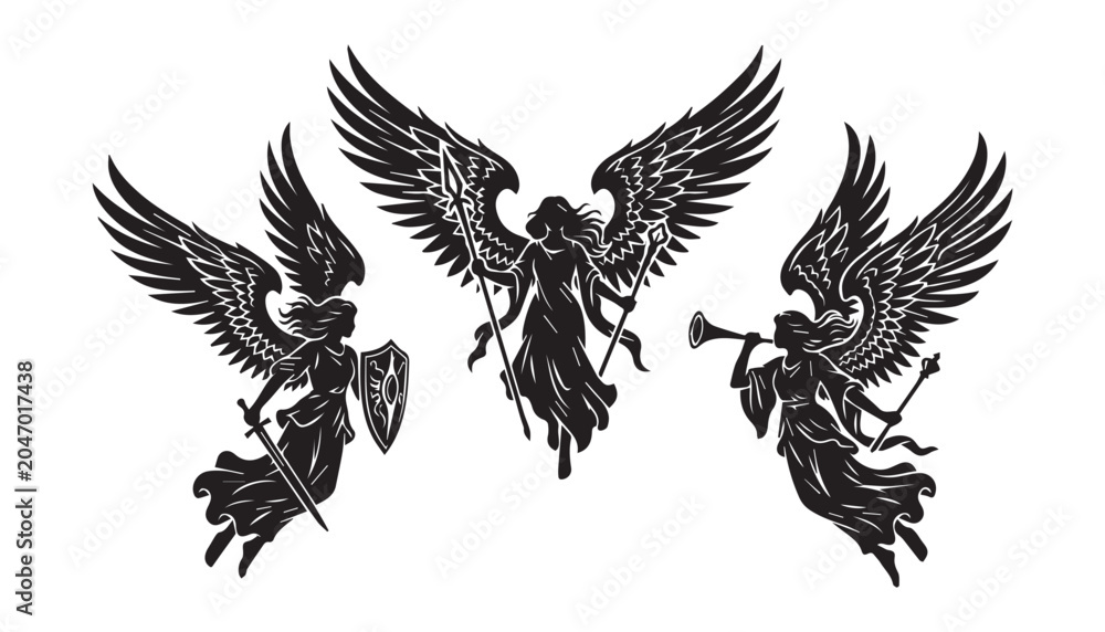 Fototapeta premium black and white silhouette set of Mythical Angels very high quality vector illustration.