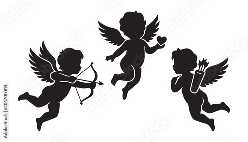 black and white silhouette set of Cupid very high quality vector illustration.