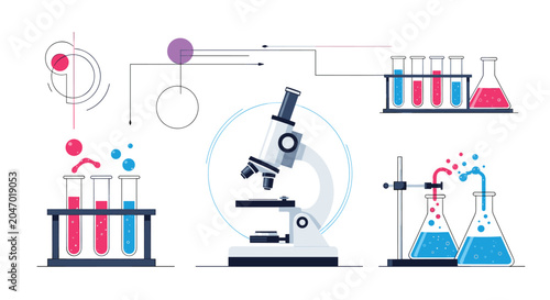 Science laboratory equipment including a microscope, test tubes in a rack, and chemical flasks with colorful liquid bubbles.