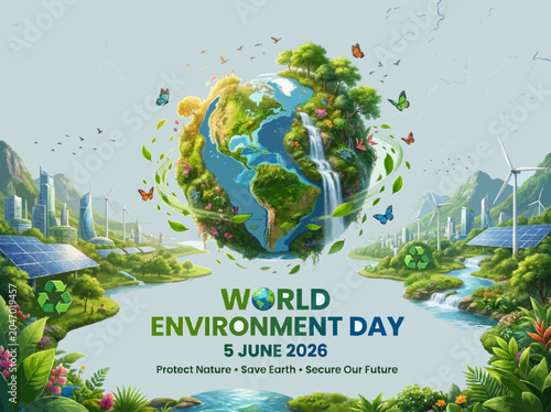 Vibrant planet earth floating above a serene landscape with renewable energy sources for celebrating world environment day in june 2026