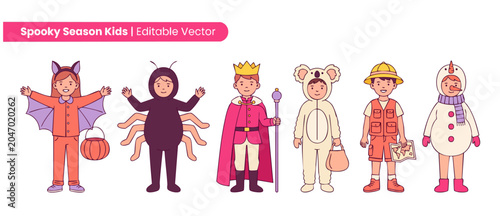 Photography Kids in Halloween costumes vector set featuring children in cute festival outfit