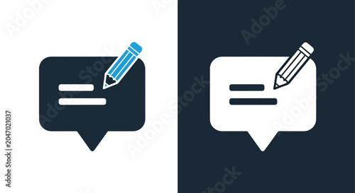 Speech bubble with pencil writing icon: Clipart, sticker - icon set - Line and glyph solid icon and logo template 