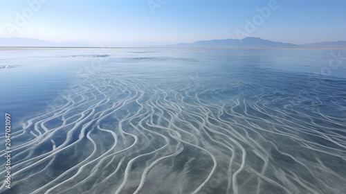 Abstract patterns of salt deposits on a dry lakebed under a clear blue sky