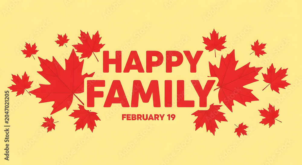 Fototapeta premium Happy family day graphic with red maple leaves and text on yellow background