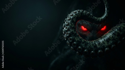 A terrifying space monster with bright red eyes and numerous tentacles emerging from the dark depths. On a black background. Copy space.