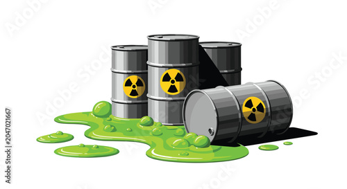 Pixel art illustration of grey barrels containing radioactive waste with a toxic bright green liquid spill on the ground.