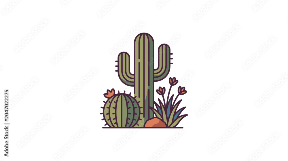 Obraz premium Desert Cactus Plants and Flowers Flat Illustration