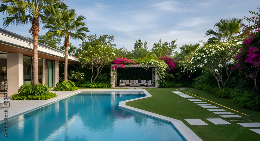 Fototapeta premium Luxurious tropical villa with turquoise pool verdant lawn and bougainvillea-draped pergola under a clear blue sky