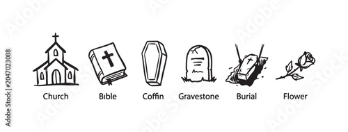 Canvas Print Hand-Drawn Funeral and Memorial Icons with Labels