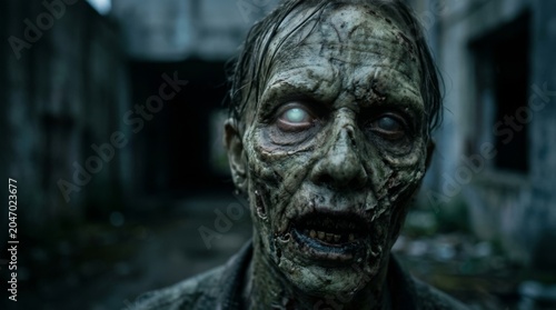 Horrifying zombie monster with open mouth and sharp teeth, grotesque undead creature with gaunt face and blood-stained skin, a chilling halloween concept or horror movie character