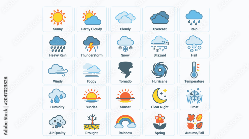 Fototapeta premium Weather forecast icons on white background.