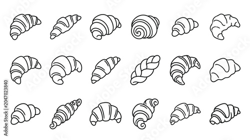 Collection of hand-drawn croissant illustrations in a simple line art style, showcasing various shapes and forms of the popular pastry.