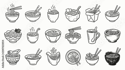 Collection of hand-drawn Asian food bowls and noodle dishes with chopsticks.