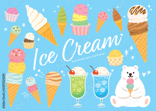 アイスクリームとソフトクリームの手描きイラストセット