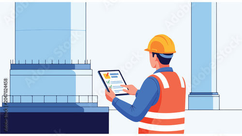 Construction worker with tablet in modern building site