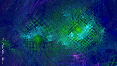 Illustration created as a 3D render without generative AI, abstract energy sphere fractal glow on dark background