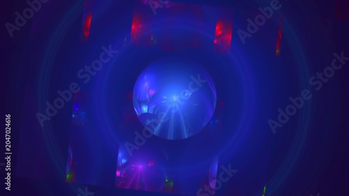Illustration created as a 3D render without generative AI, abstract energy sphere fractal glow on dark background