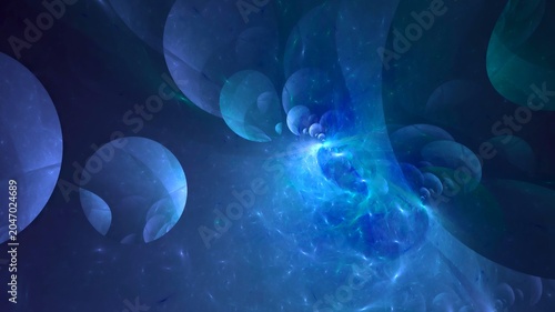 Illustration created as a 3D render without generative AI, abstract energy sphere fractal glow on dark background