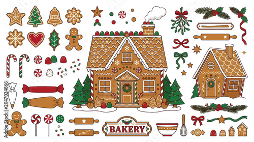 Vászonkép Christmas Gingerbread House and Sweets Collection - Festive Baking Elements
